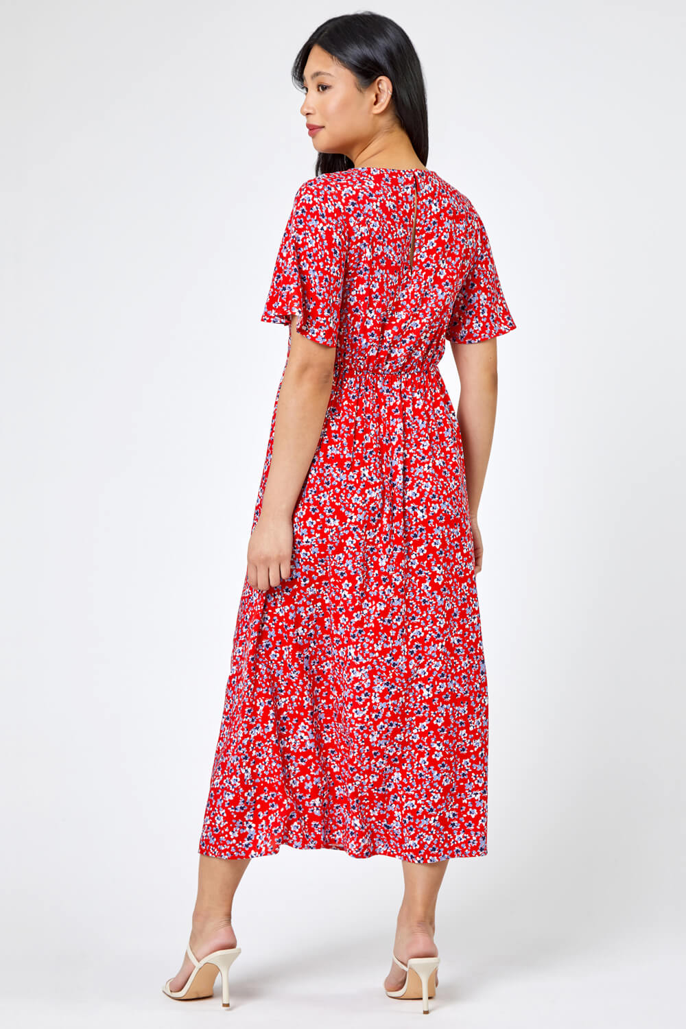 Red Petite Floral Print Flute Sleeve Dress, Image 2 of 5