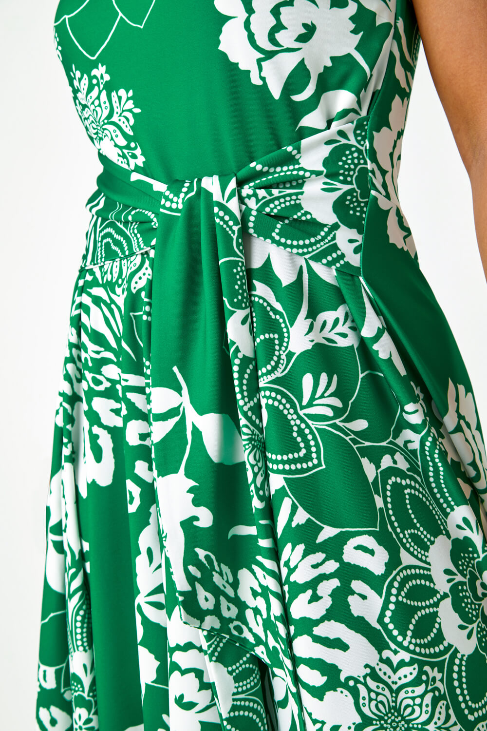 Green Petite Tie Waist Floral Stretch Dress, Image 5 of 5