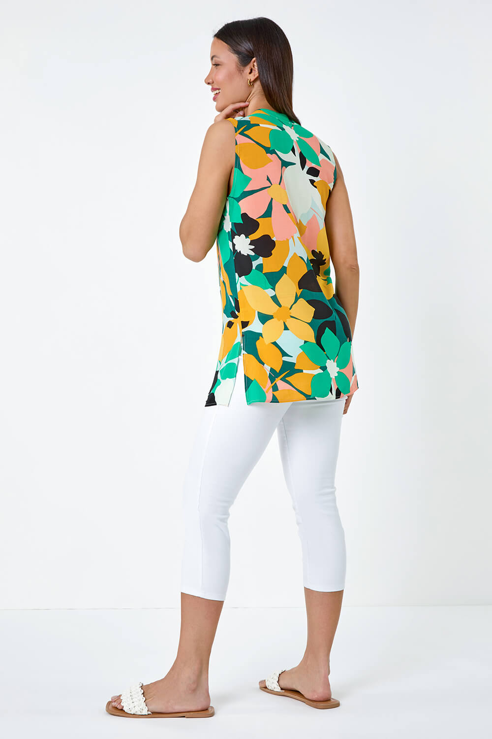 Green Floral Print Sleeveless Button Blouse, Image 3 of 5