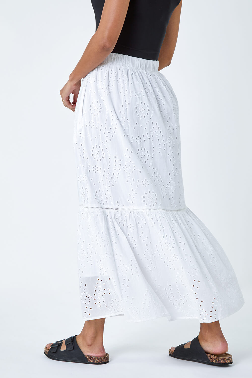 White Cotton Broderie Pocket Midi Skirt, Image 3 of 5