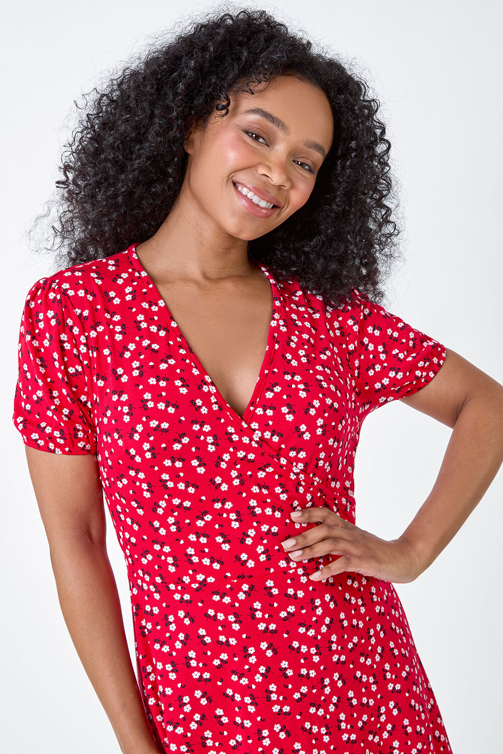 Red Petite Ditsy Wrap Stretch Dress, Image 4 of 5