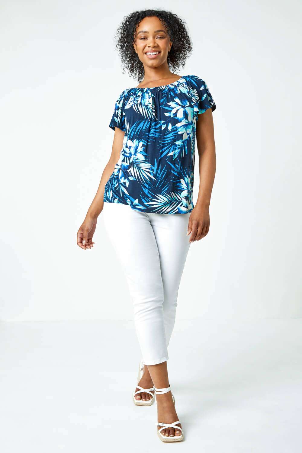 Blue Petite Tropical Stretch Jersey Bardot Top, Image 4 of 5