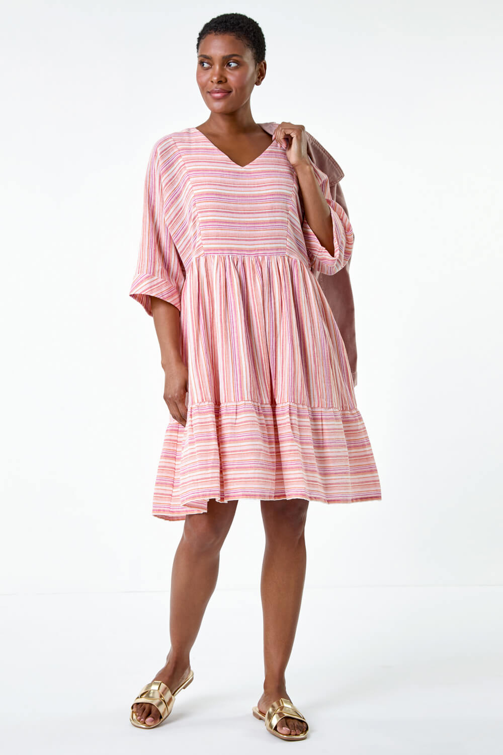 PINK Cotton Stripe Print Smock Dress, Image 2 of 5