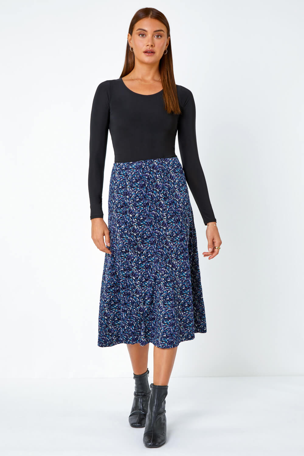 Midnight Blue Textured Abstract Print A-Line Stretch Skirt, Image 2 of 5