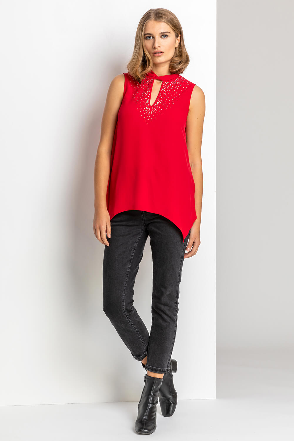 Red Sparkle High Neck Keyhole Top, Image 2 of 4