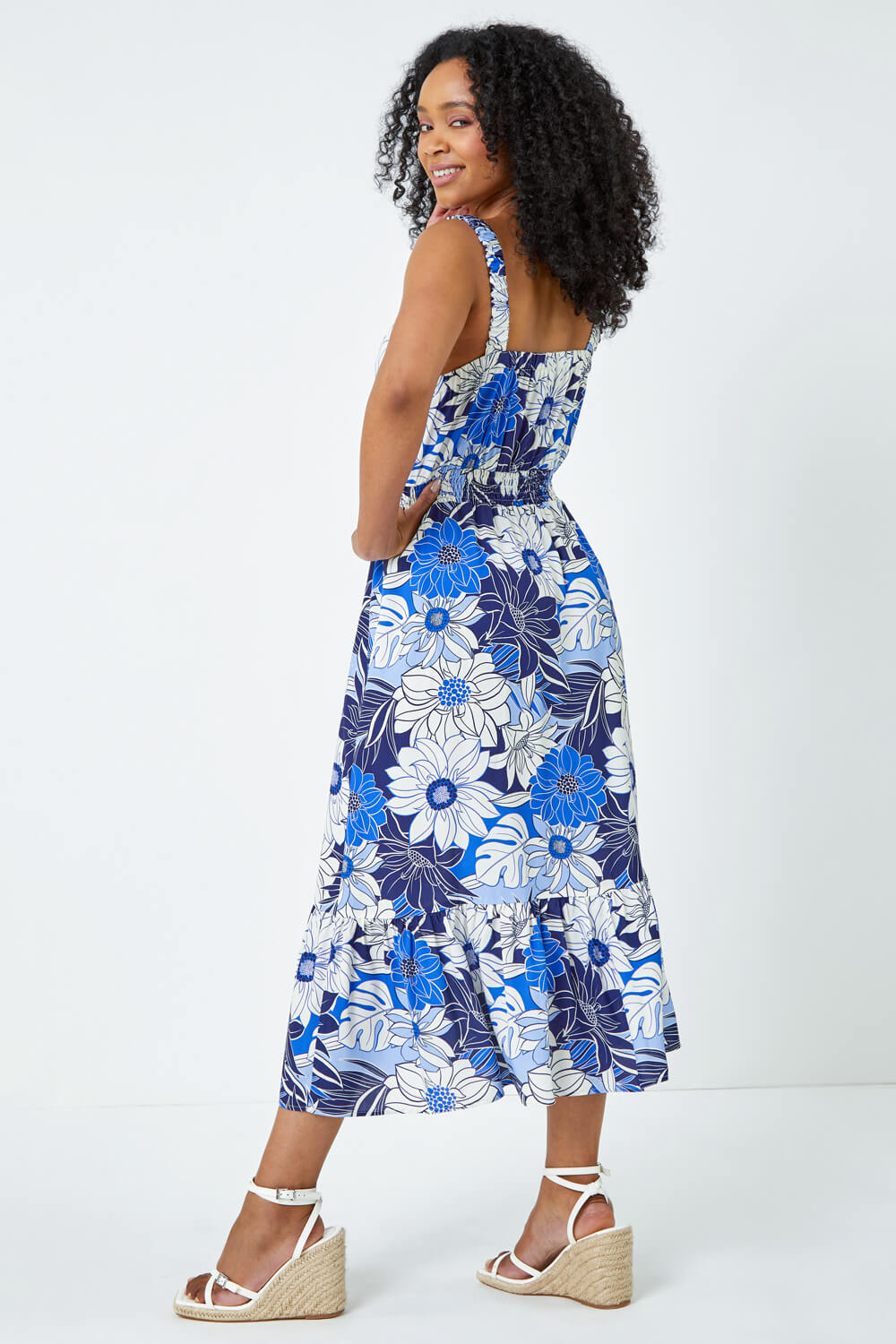 Blue Petite Floral Print Tiered Sundress, Image 3 of 5