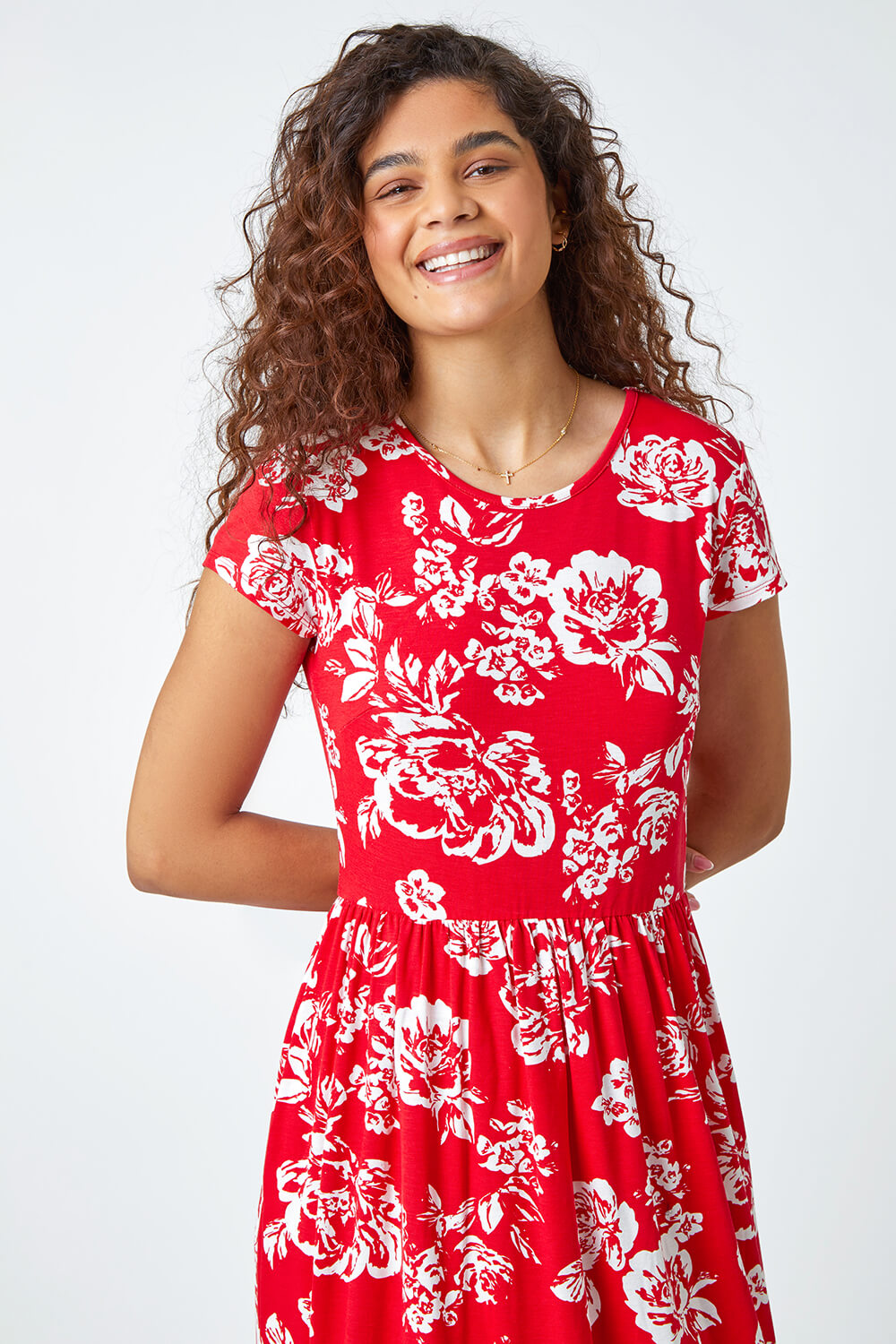 Red Floral Print Midi Stretch Dress, Image 4 of 5