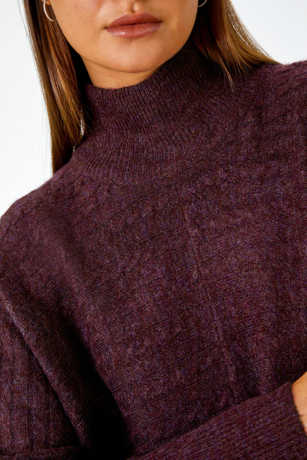 Plum Cable Knit Roll Neck Stretch Longline Jumper , Image 5 of 5