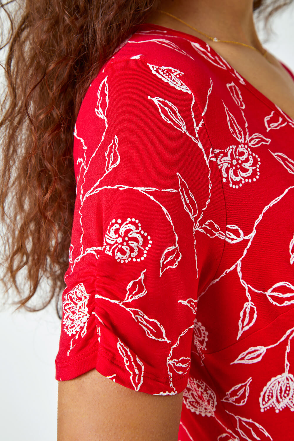 Red Floral Print Midi Wrap Stretch Dress, Image 5 of 5