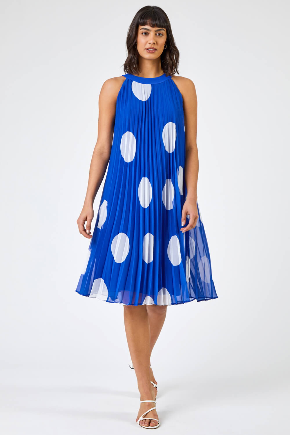 Royal Blue High Neck Spot Pleated Swing Dress, Image 3 of 5
