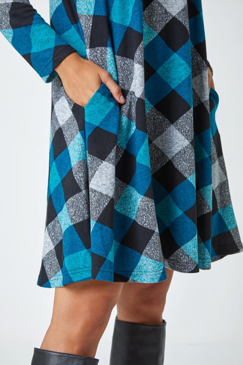 Teal Check Print Swing Stretch Dress, Image 5 of 5