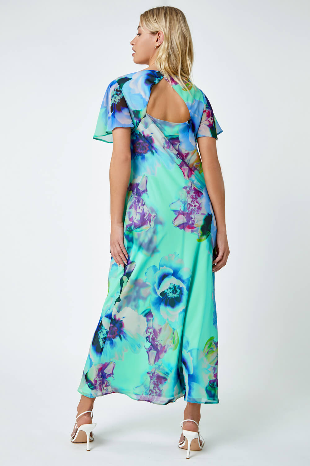 Turquoise Floral Print Cowl Neck Dress, Image 3 of 5