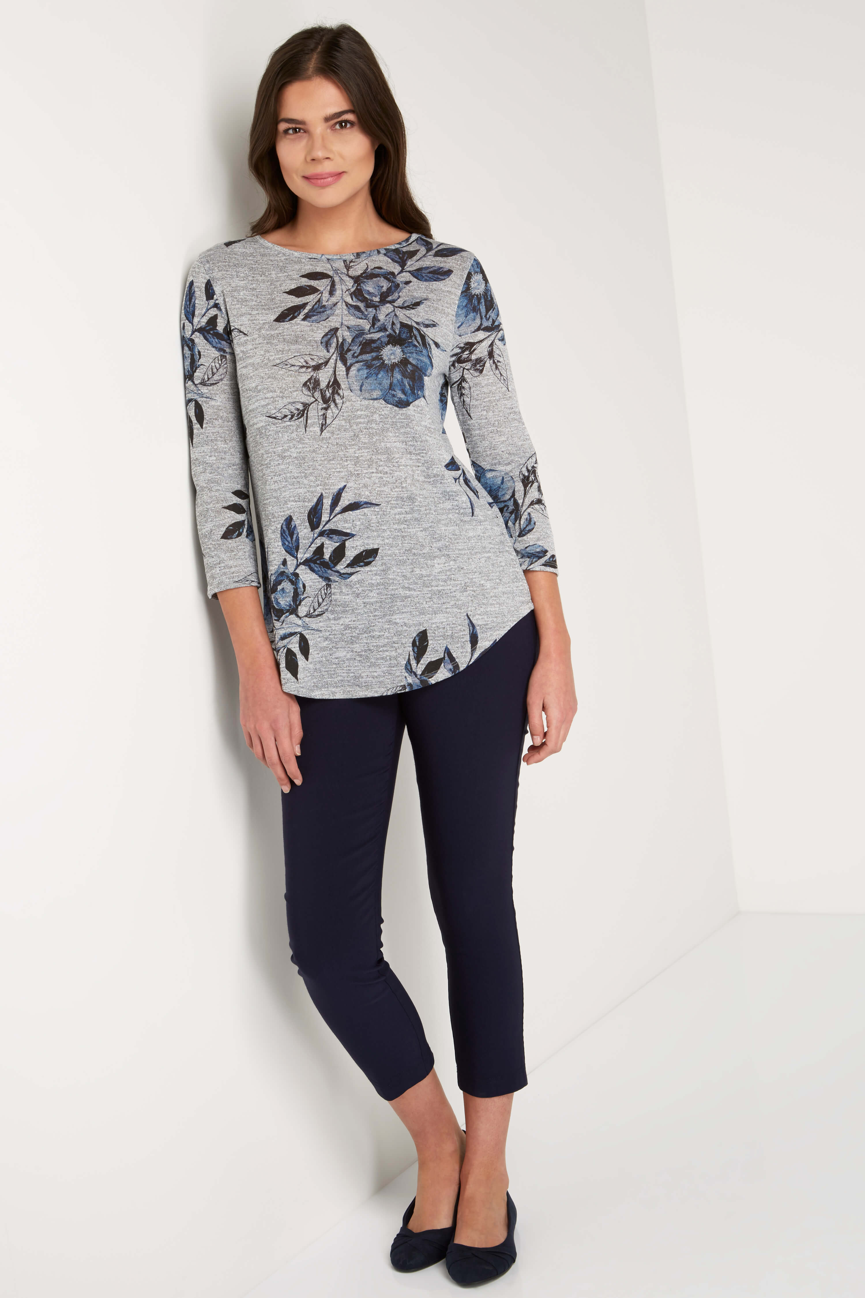Floral Knitted Tunic Top in Grey - Roman Originals UK