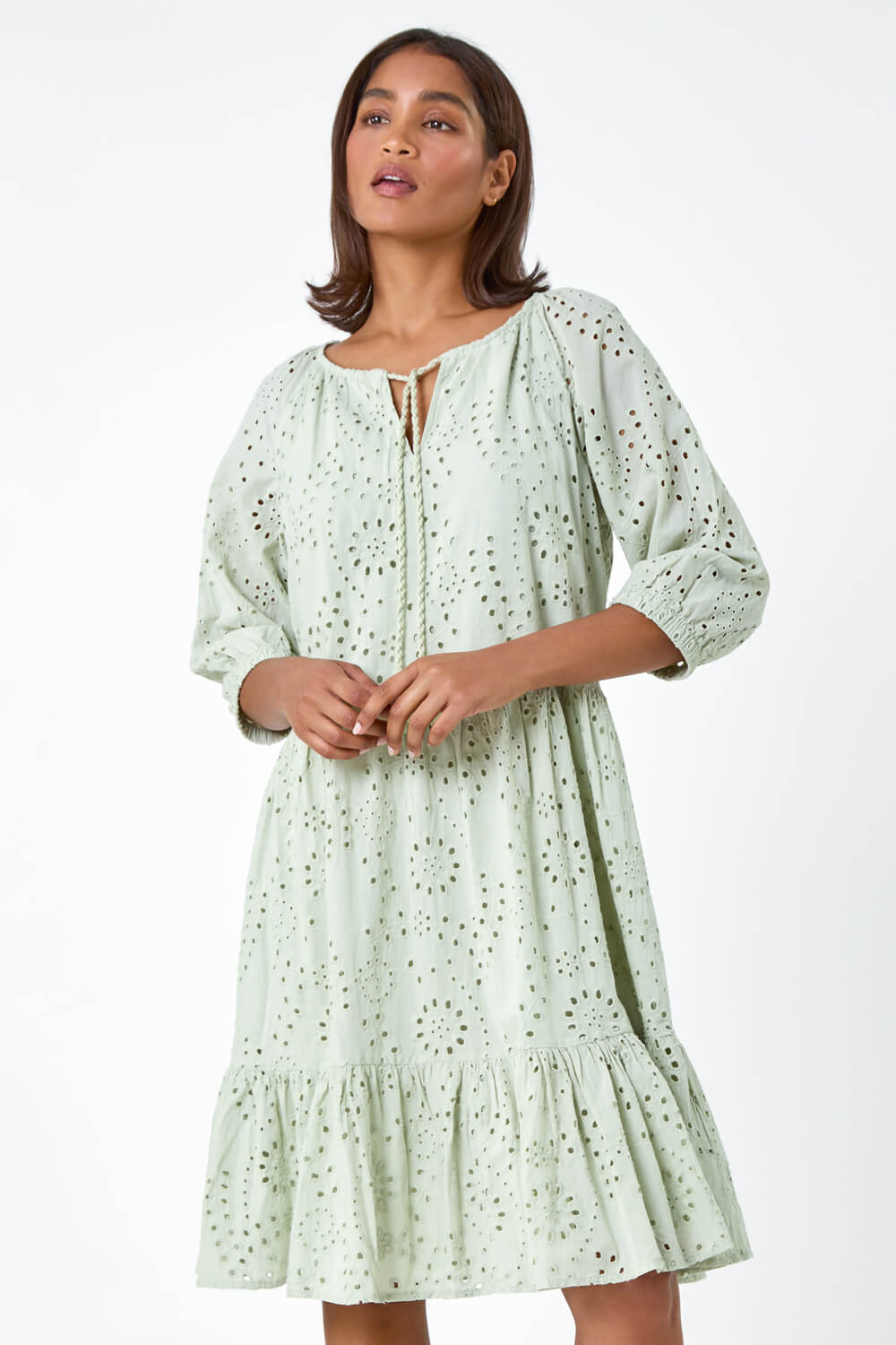 Sage Cotton Broderie Tiered Smock Dress, Image 4 of 5