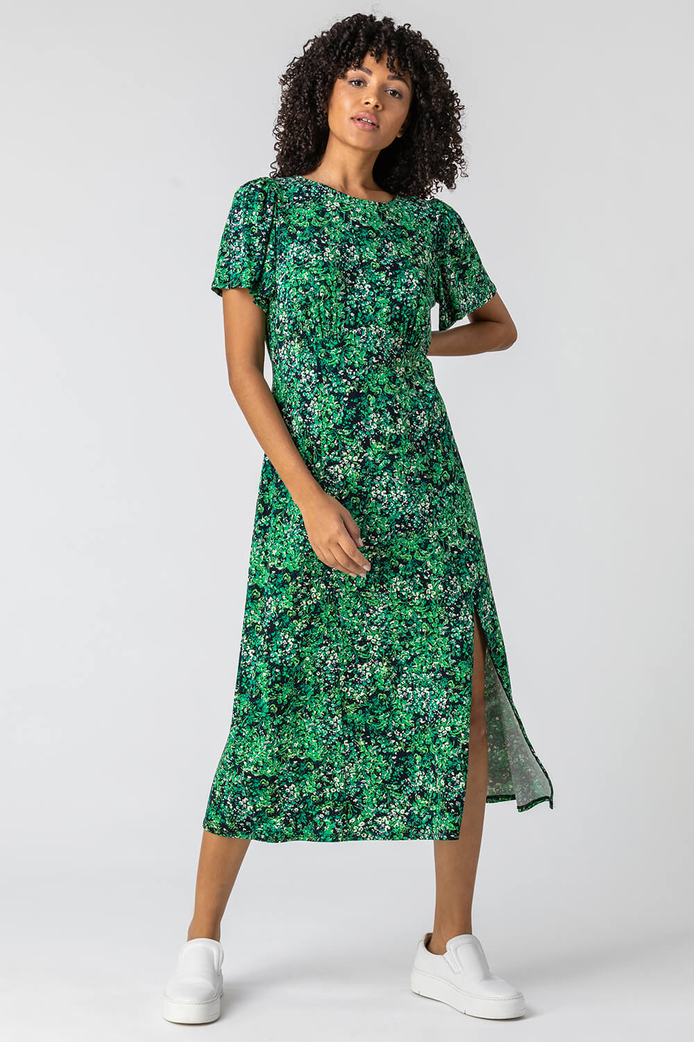 Green Floral Print Side Split Dress, Image 3 of 4