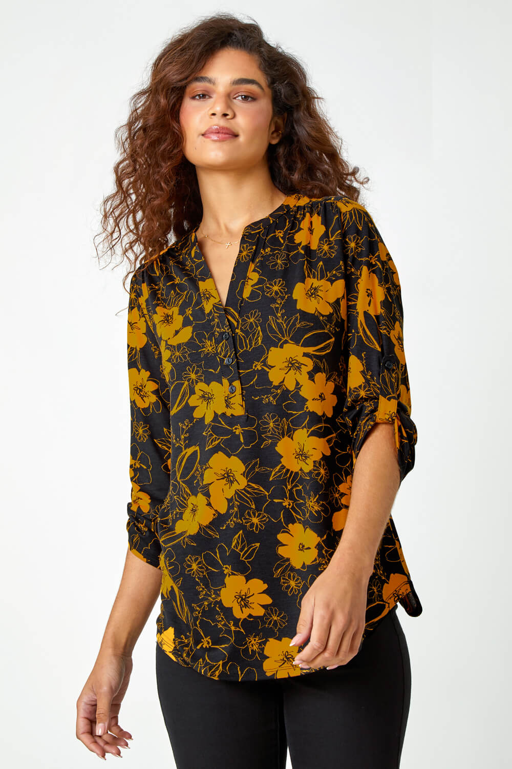 Ochre Floral Print Stretch Shirt, Image 4 of 5