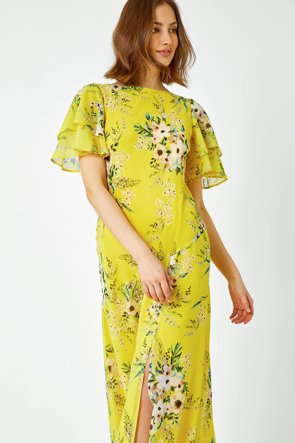 Yellow Floral Tiered Sleeve Maxi Dress, Image 5 of 5
