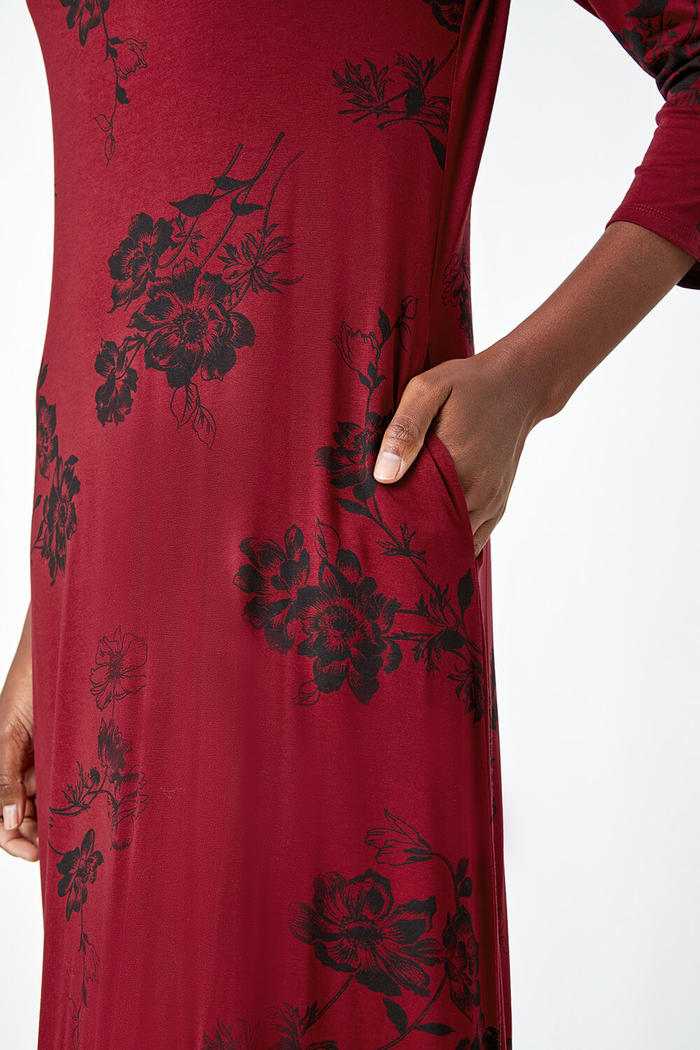 Wine Floral Pocket Detail Midi Stretch Dress, Image 5 of 5
