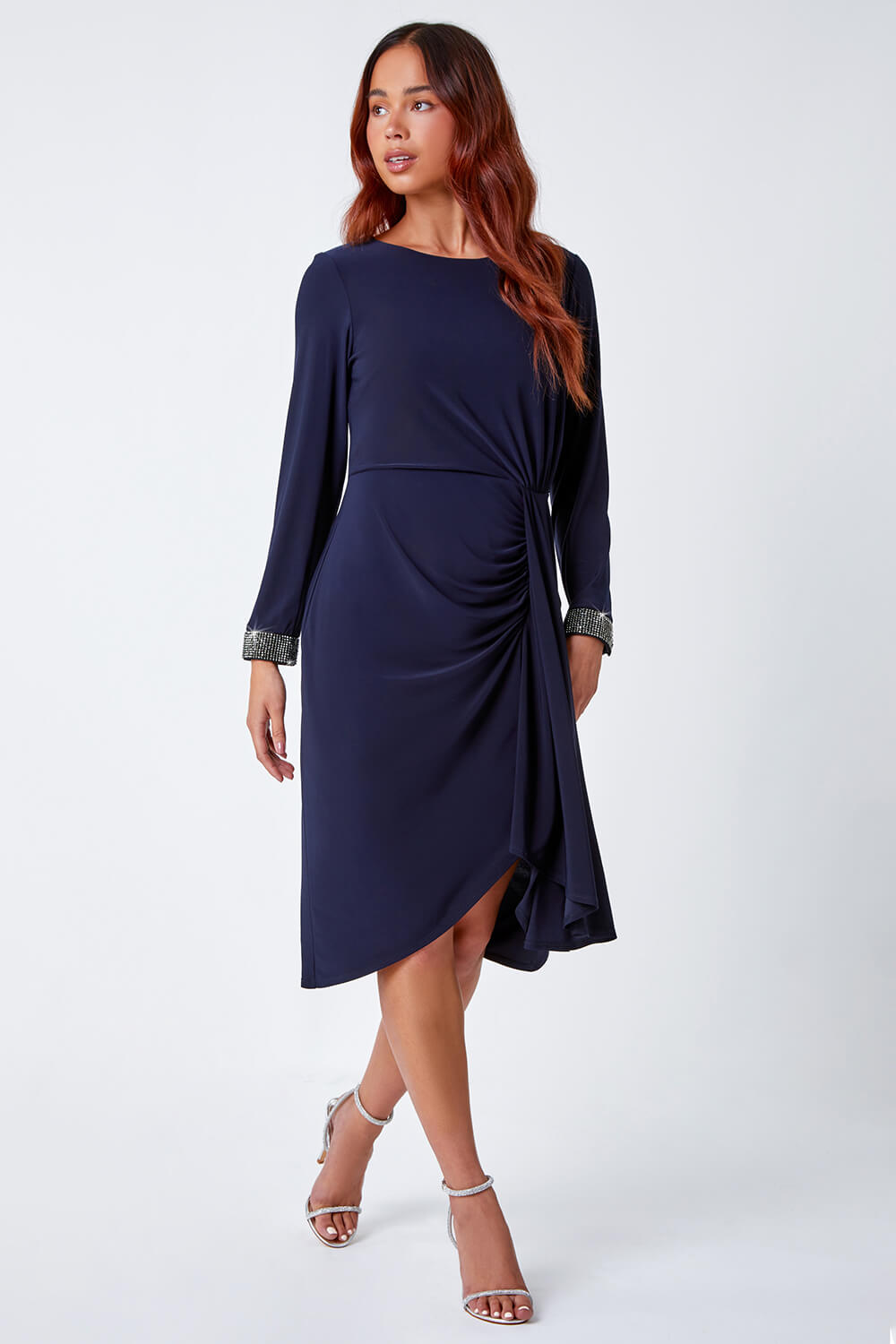 Navy  Petite Ruched Side Drape Stretch Dress, Image 1 of 5
