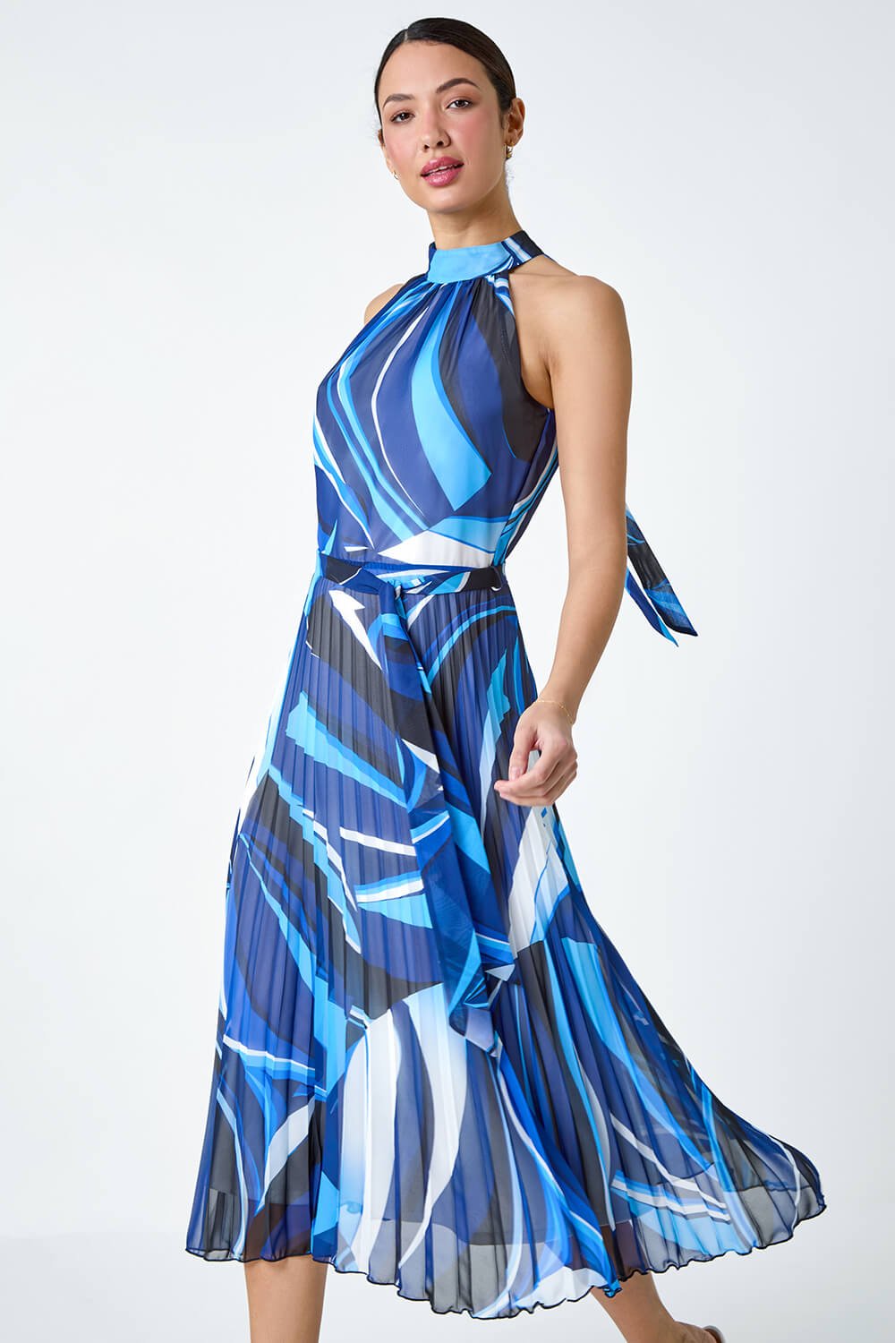 Navy  Abstract Print Midi Pleated Dress, Image 2 of 5