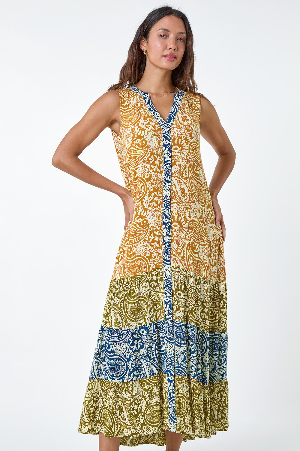 Amber Patchwork Print Tiered Maxi Dress, Image 3 of 7