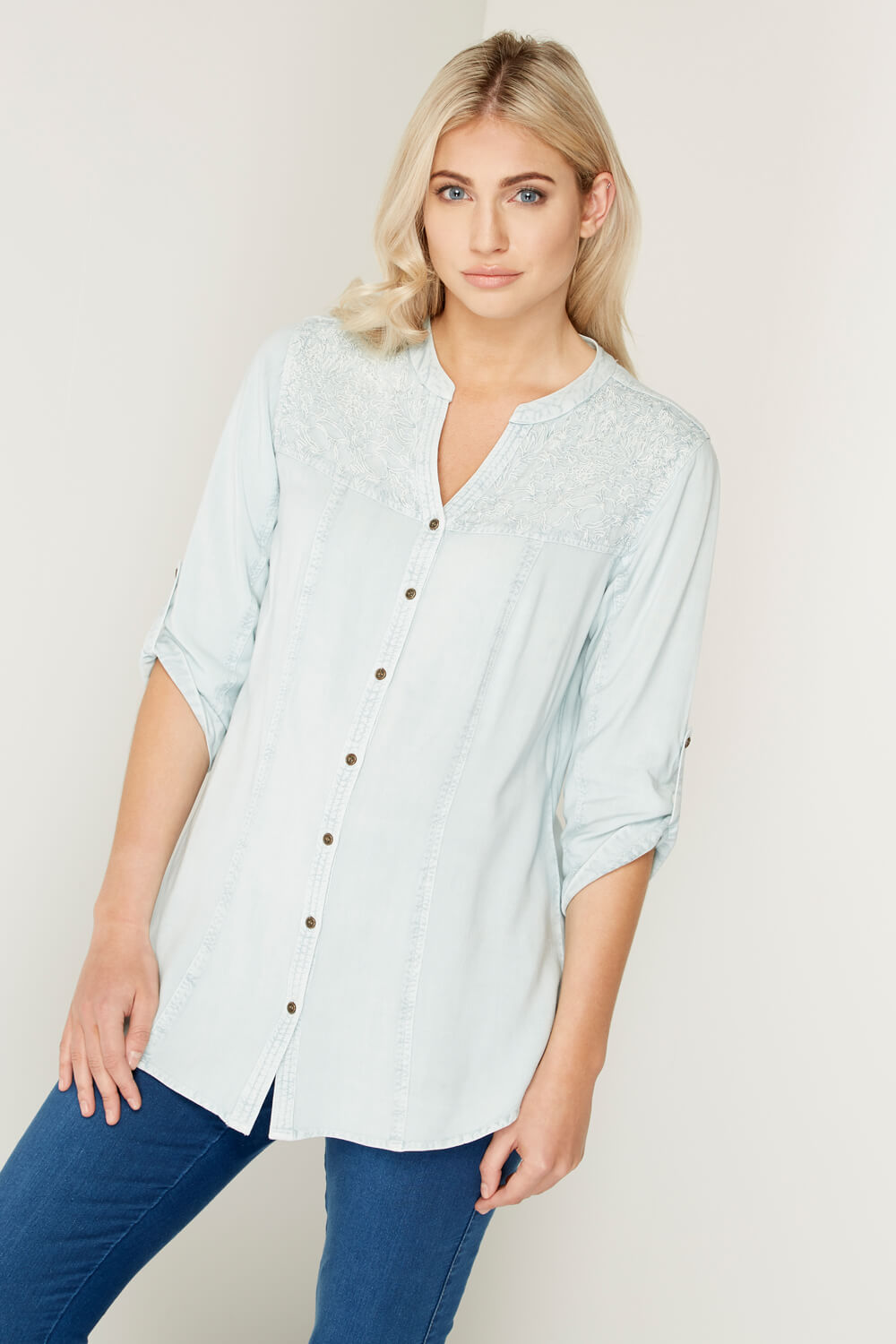 Embroidered Lace Yoke Blouse in Mint - Roman Originals UK