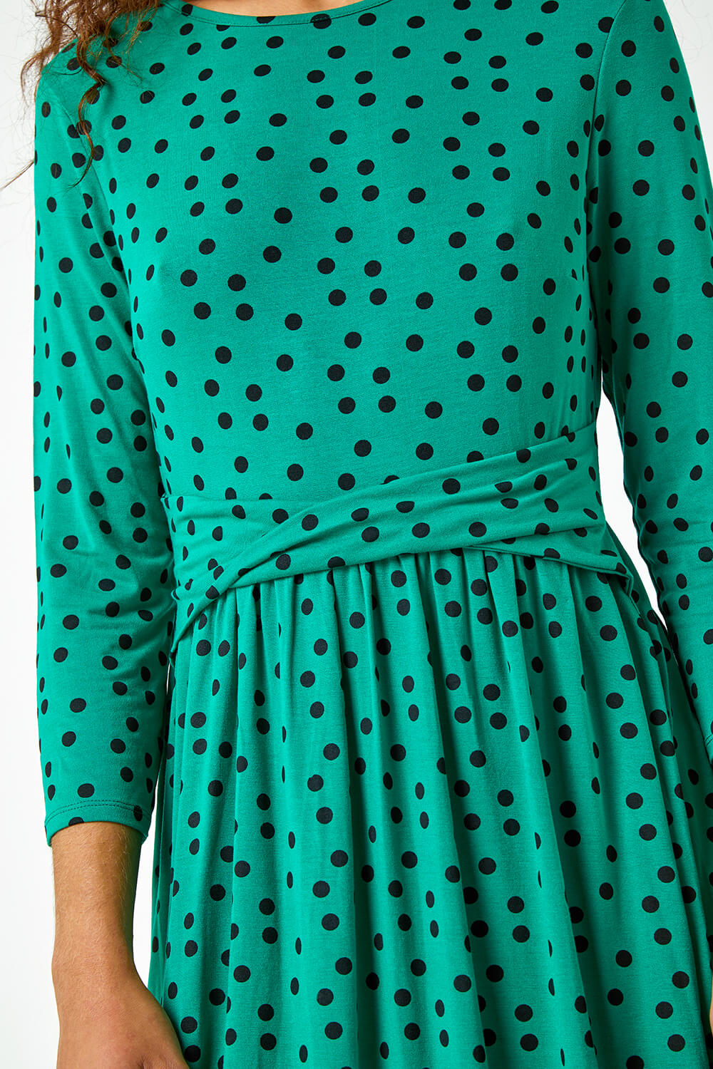 Green Twist Waist Spot Print Stretch Dress, Image 5 of 5