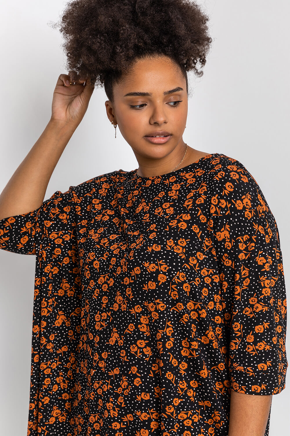Rust Curve Ditsy Floral Print Tunic Top, Image 4 of 4