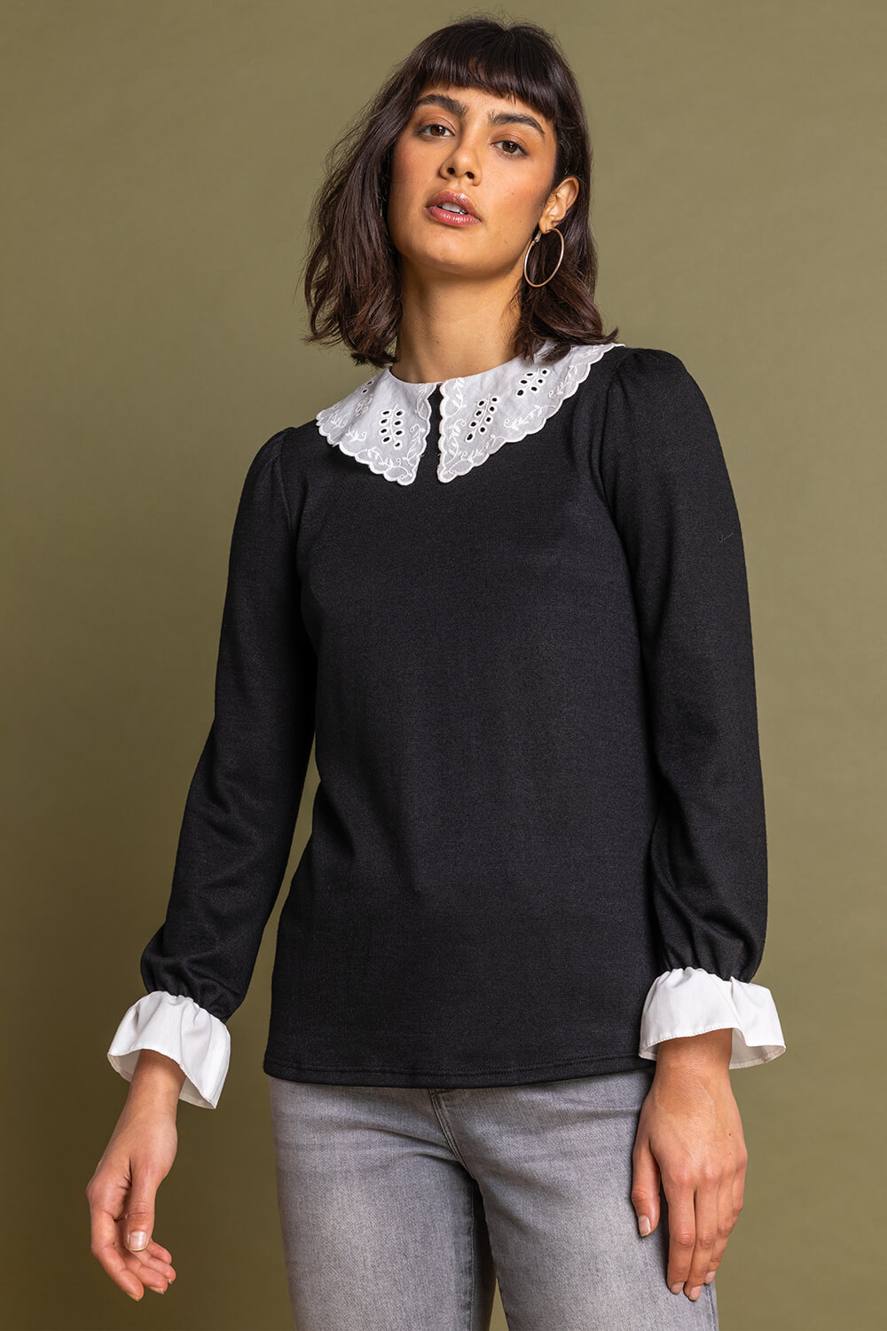 Black Lace Collar Detail Jersey Top, Image 2 of 4