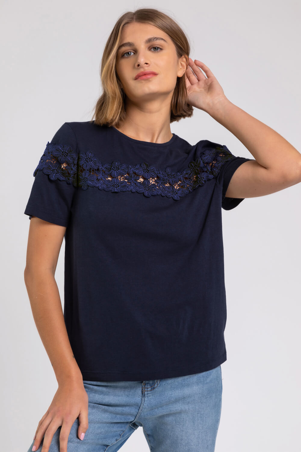 Lace Detail Jersey T-Shirt in Navy - Roman Originals UK