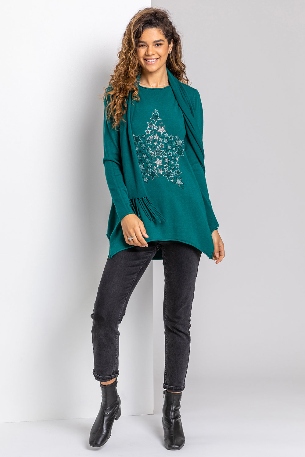 Green Star Print Embellished Tunic with Scarf, Image 3 of 4