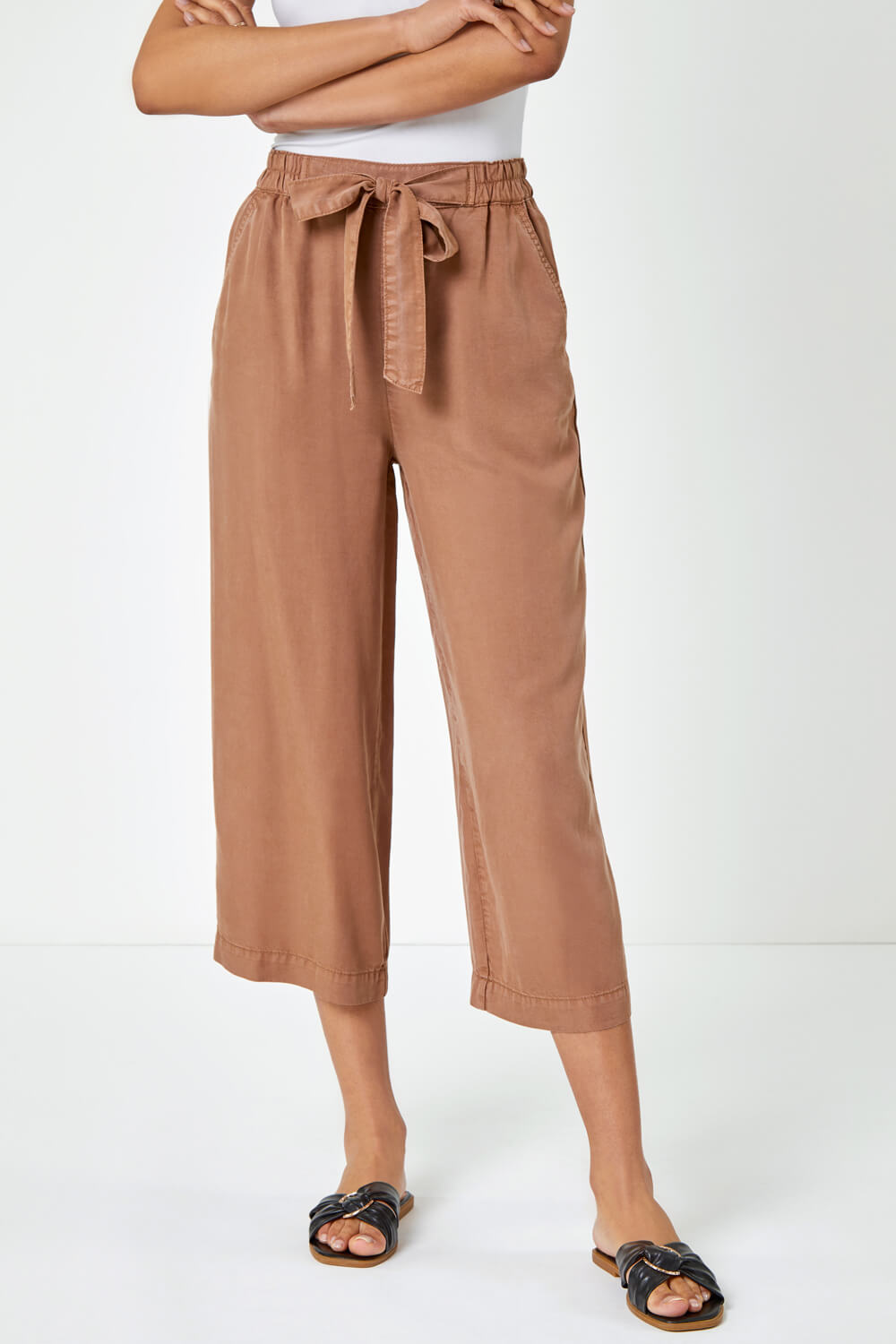 Tan Tie Detail Stretch Waist Culottes, Image 4 of 5