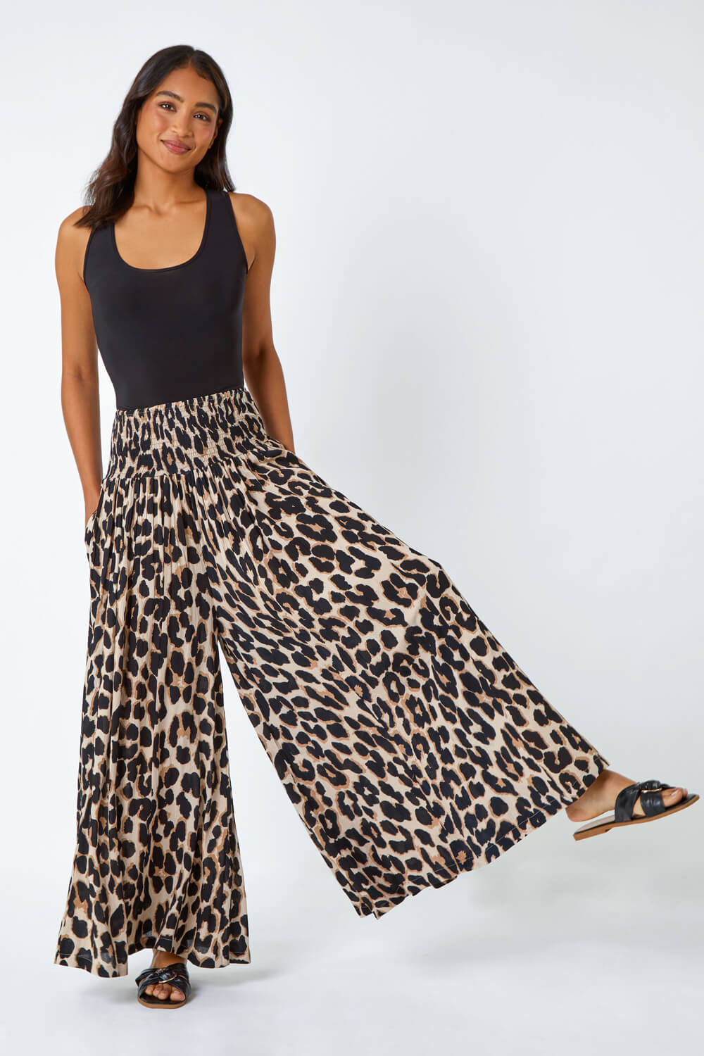 Brown Animal Shirred Palazzo Stretch Trouser, Image 4 of 5