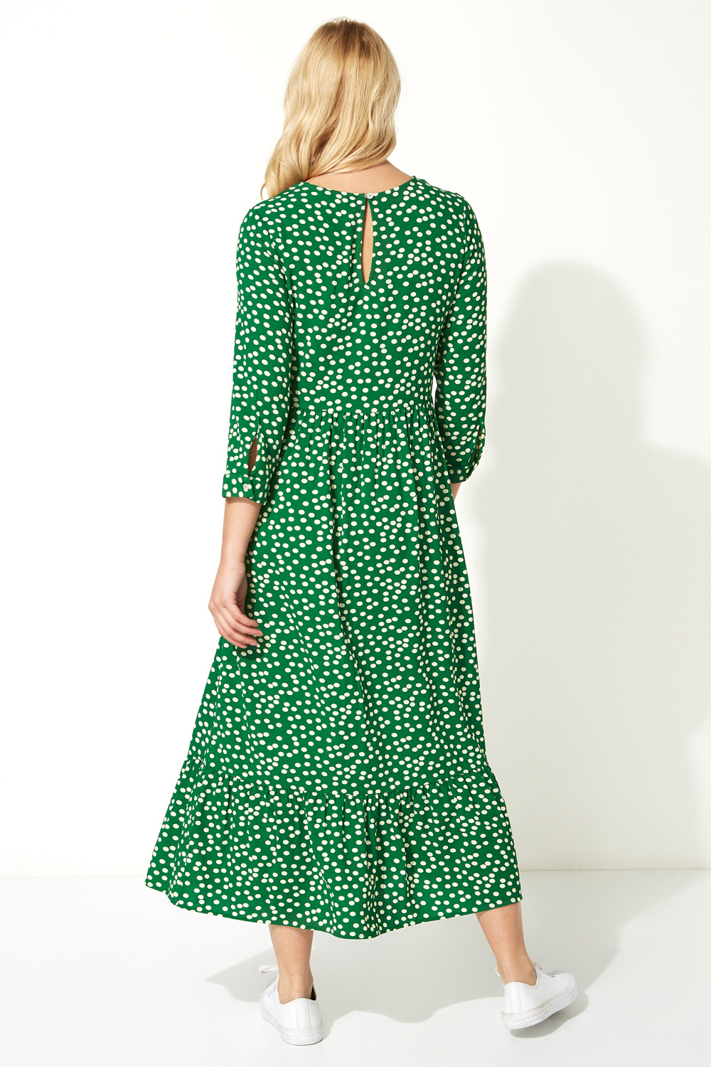 Green Polka Dot Print Tiered Maxi Dress, Image 2 of 5