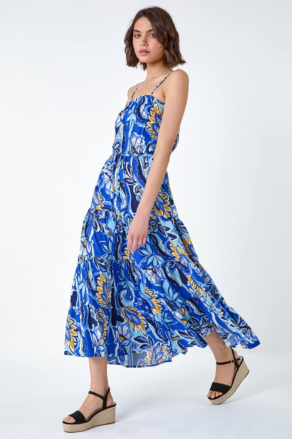 Royal Blue Baroque Print Tiered Midi Dress, Image 4 of 5