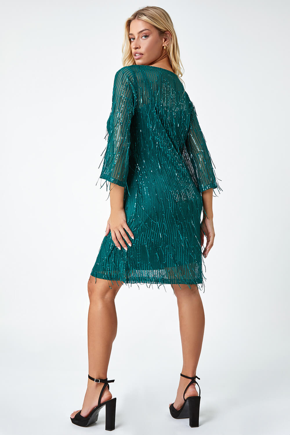 Green Sequin Sparkle Tassel Shift Dress, Image 3 of 6