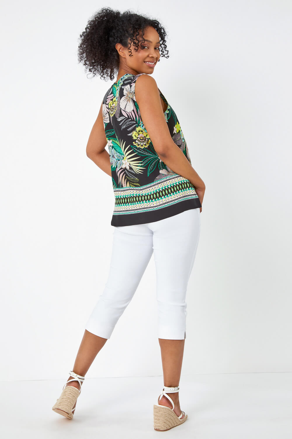 Lime Petite Floral Border Print Top, Image 3 of 5