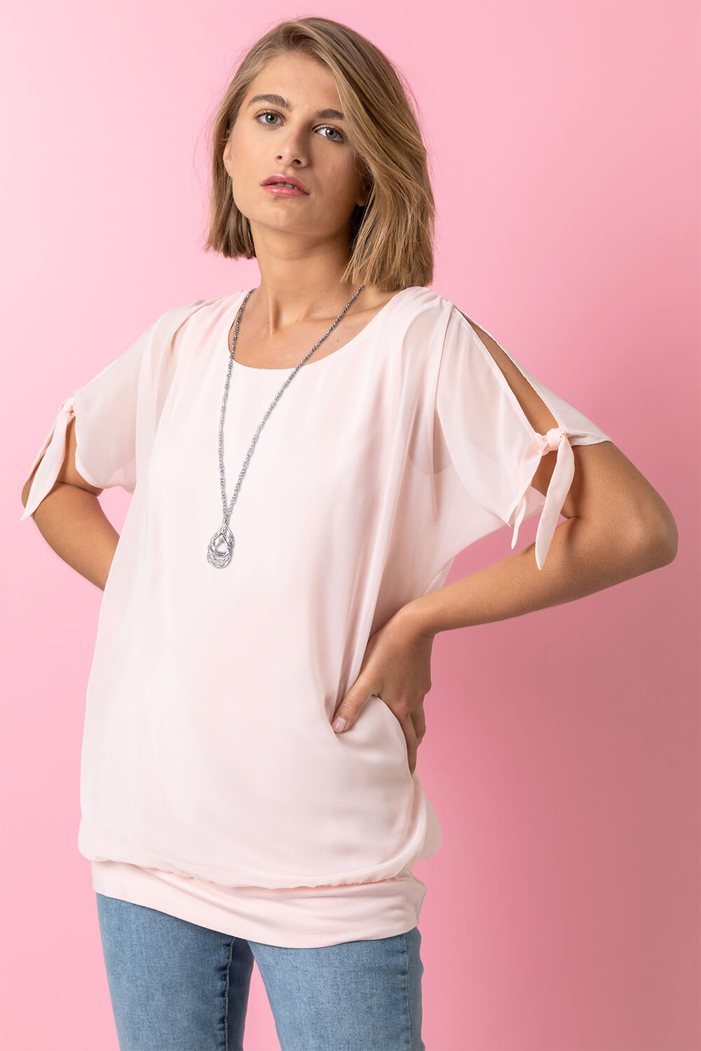 Chiffon Layered Tie Detail Top with Necklace
