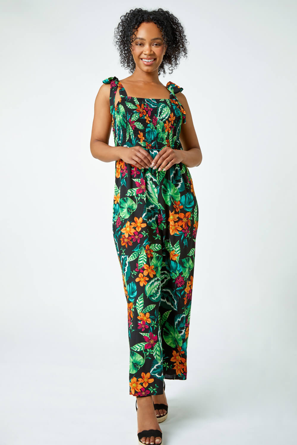 Black Petite Tropical Shirred Stretch Jumpsuit, Image 4 of 5