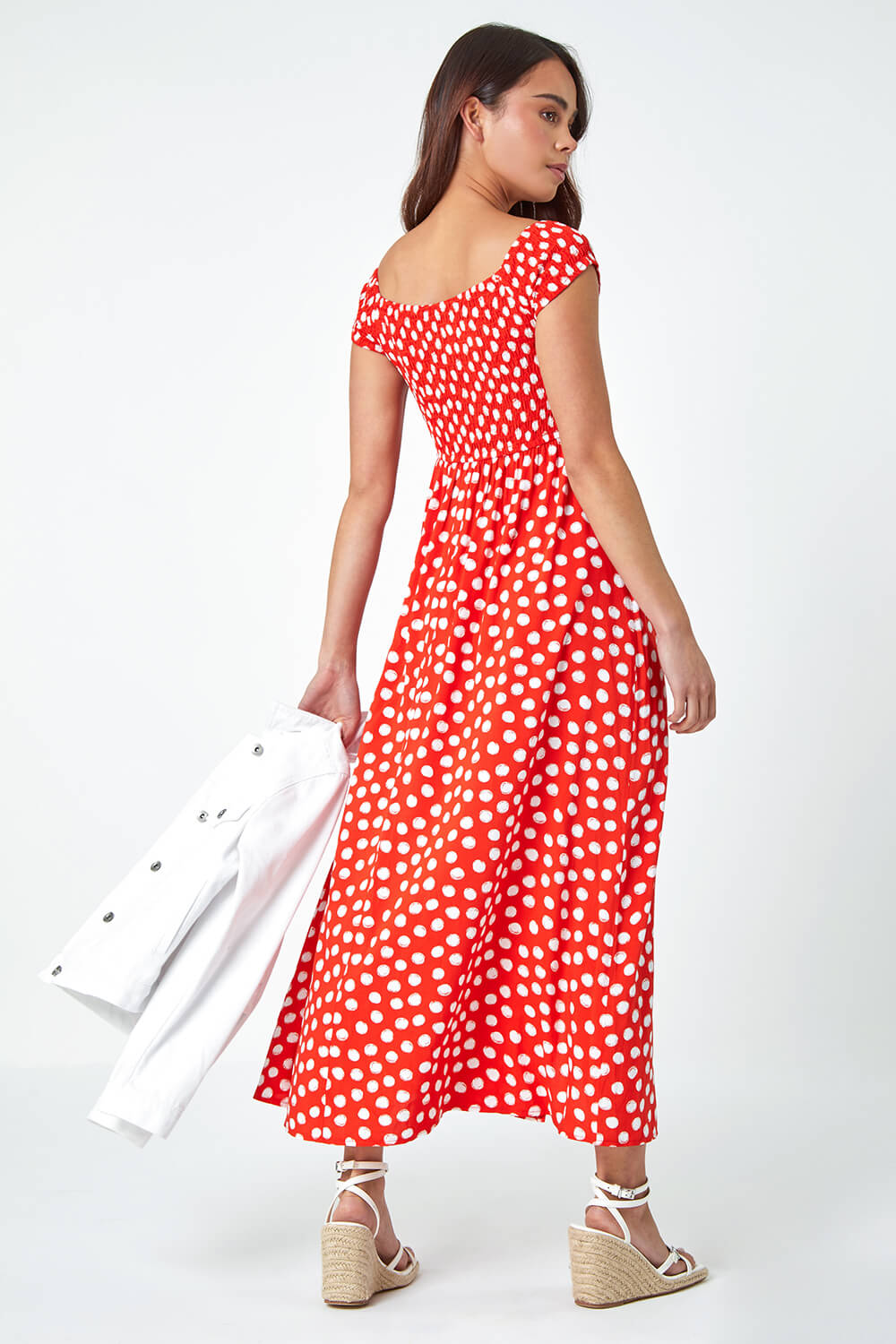 Red Petite Polka Dot Bardot Midi Dress, Image 3 of 5