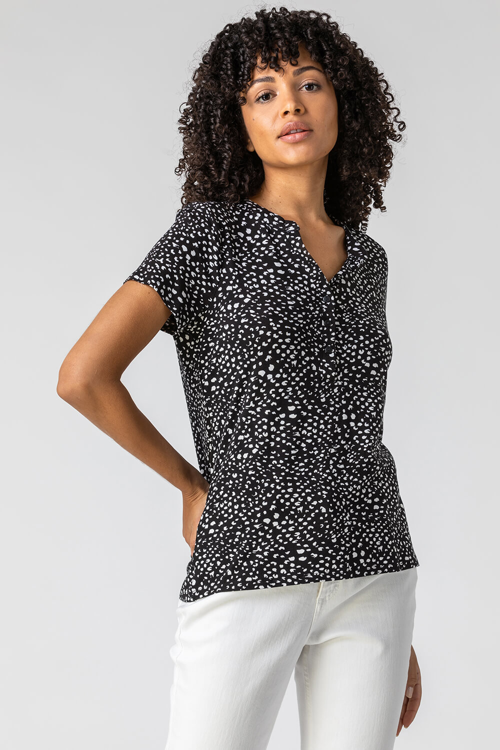 Black Ditsy Spot Print Button Top, Image 4 of 5