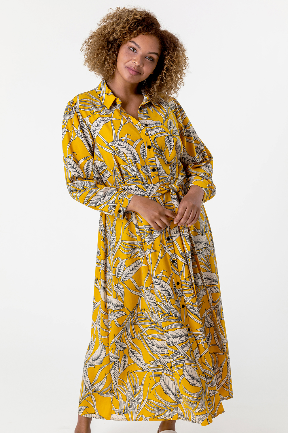 Yellow Curve Tropical Print Shirt Dress, Image 3 of 5