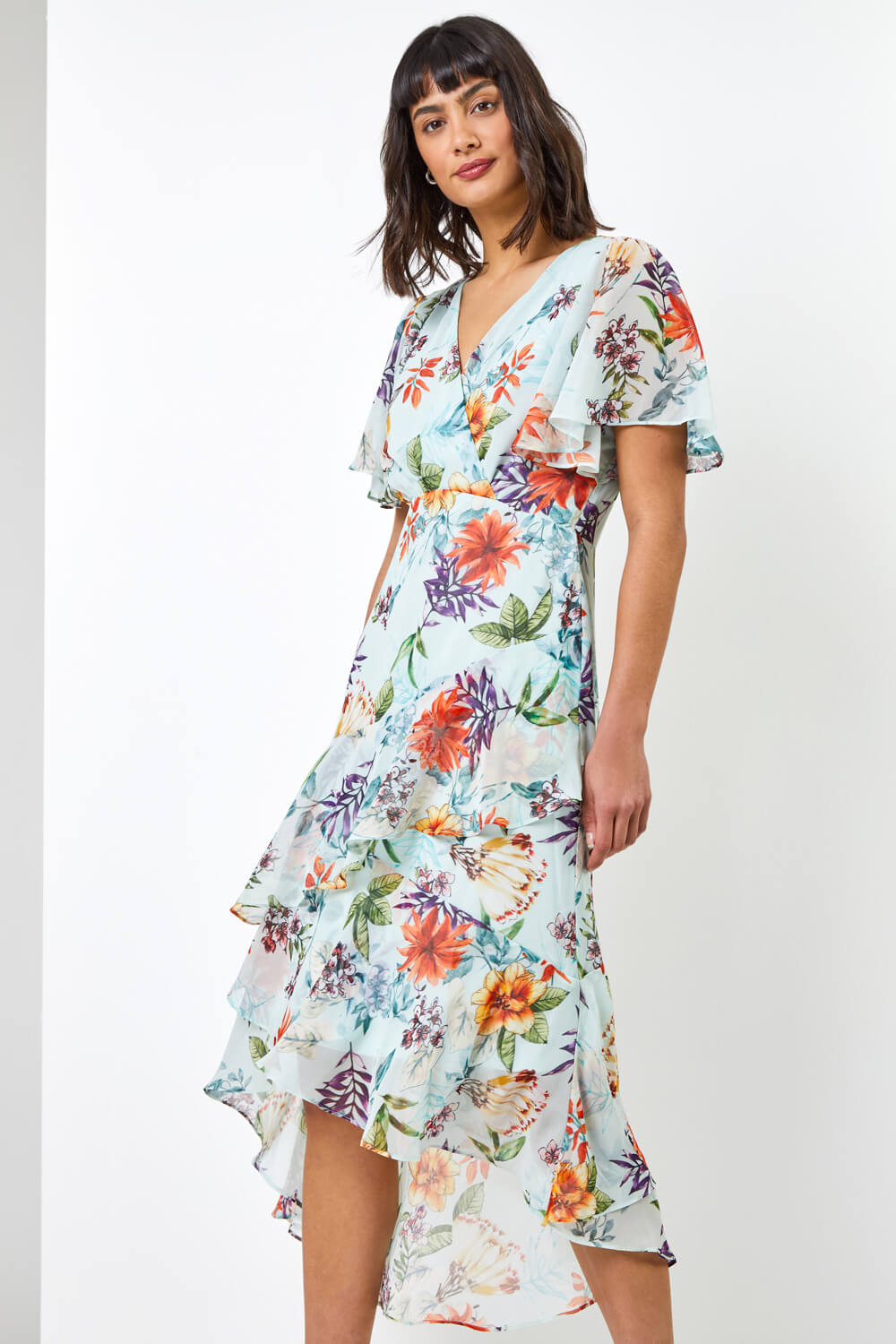 Floral Frill Tiered Midi Dress in Sage - Roman Originals UK