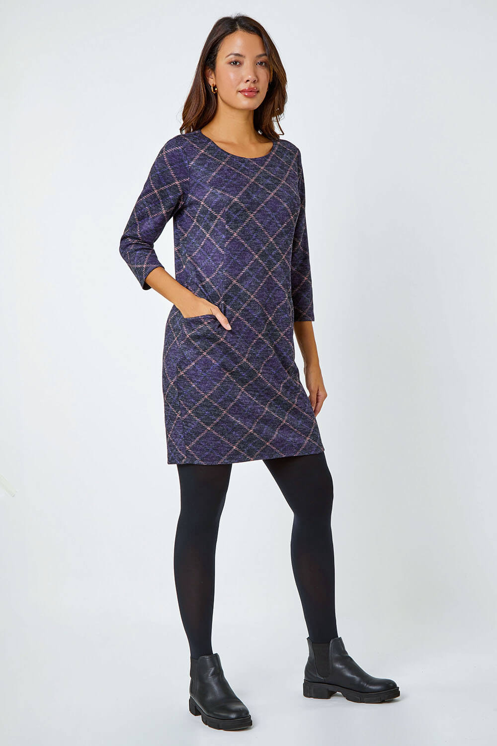 Purple Check Print Pocket Shift Dress, Image 2 of 6