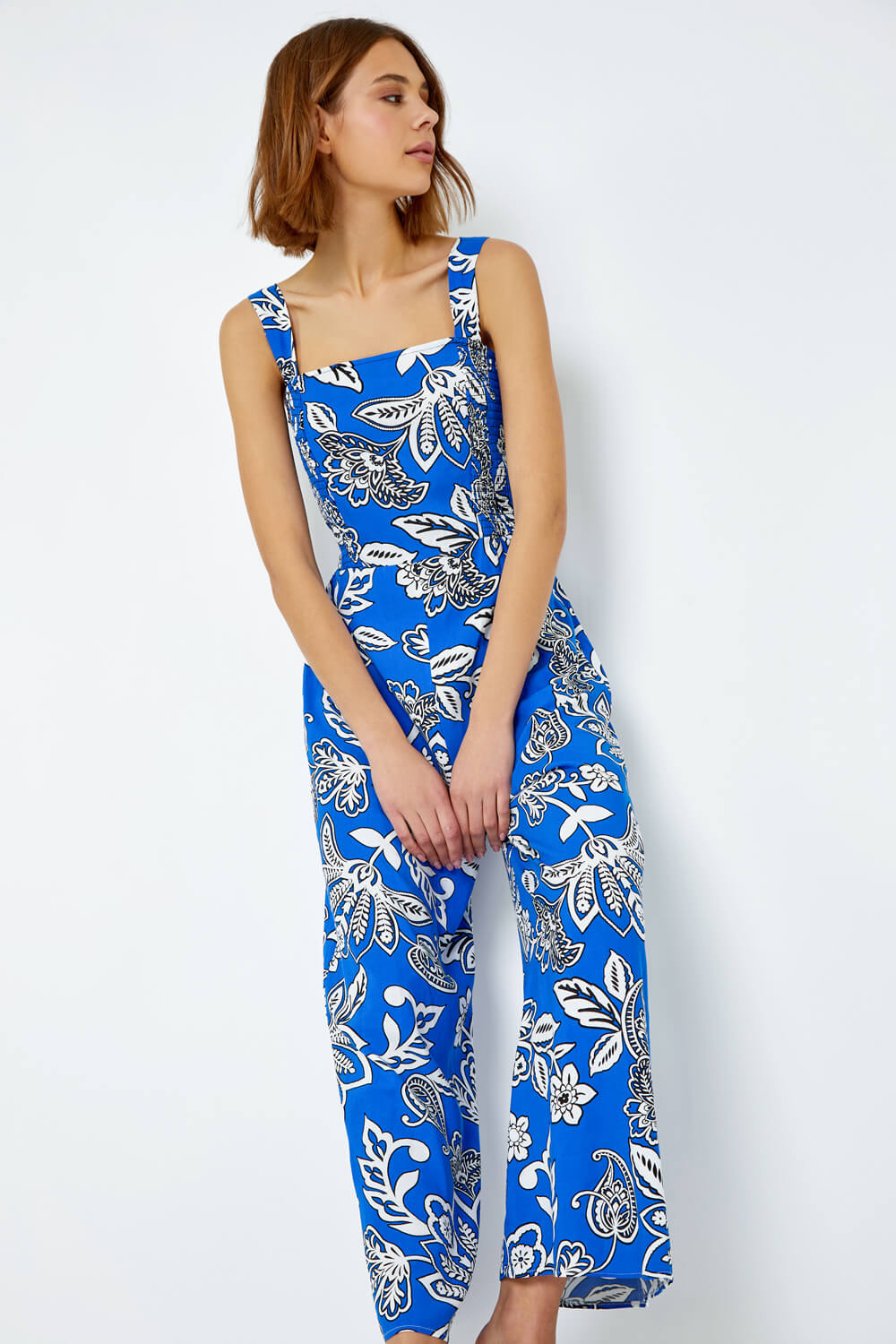Royal Blue Floral Print Stretch Shirred Jumpsuit, Image 2 of 6