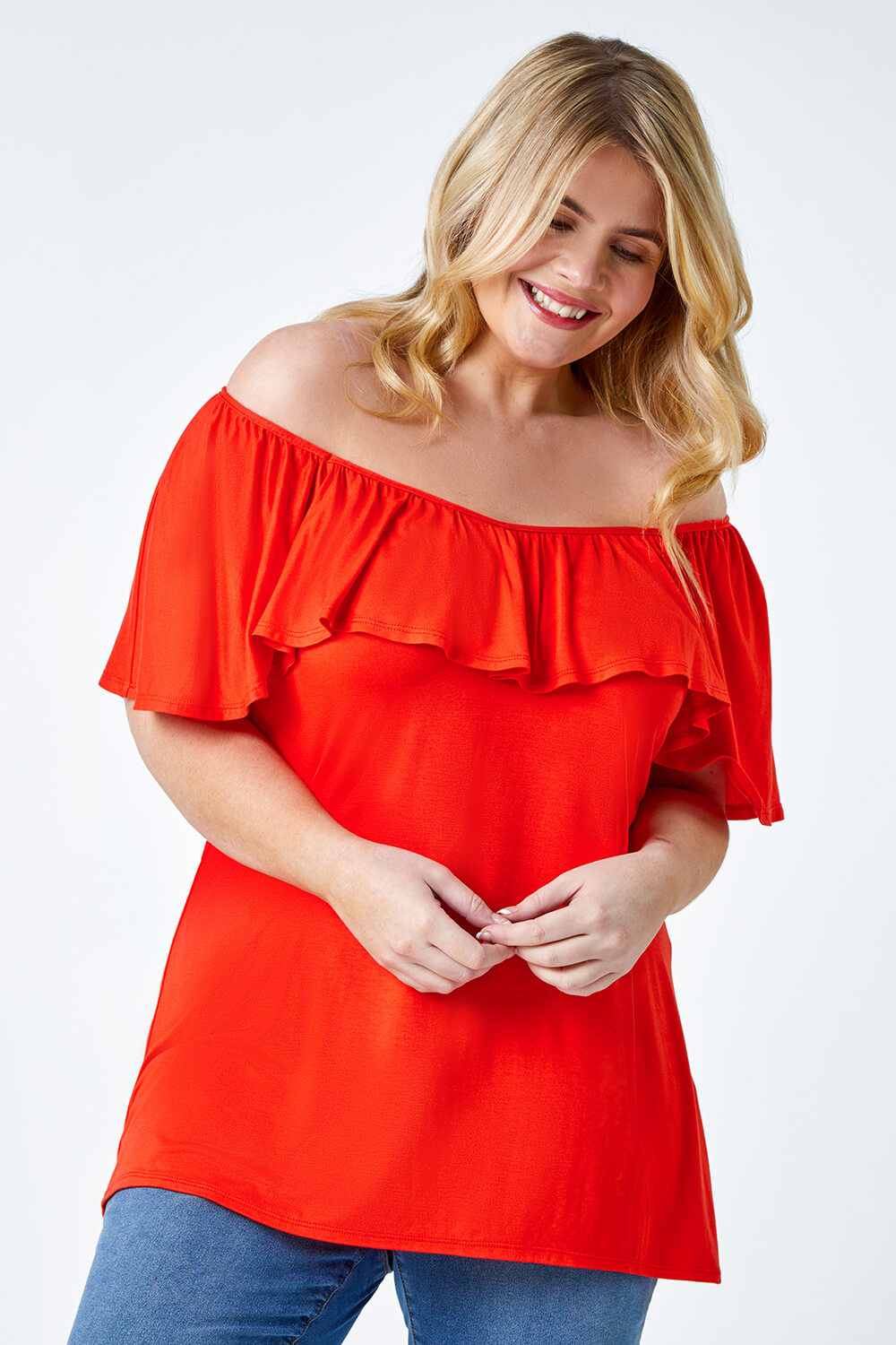 Red Curve Plain Bardot Stretch Top, Image 2 of 5