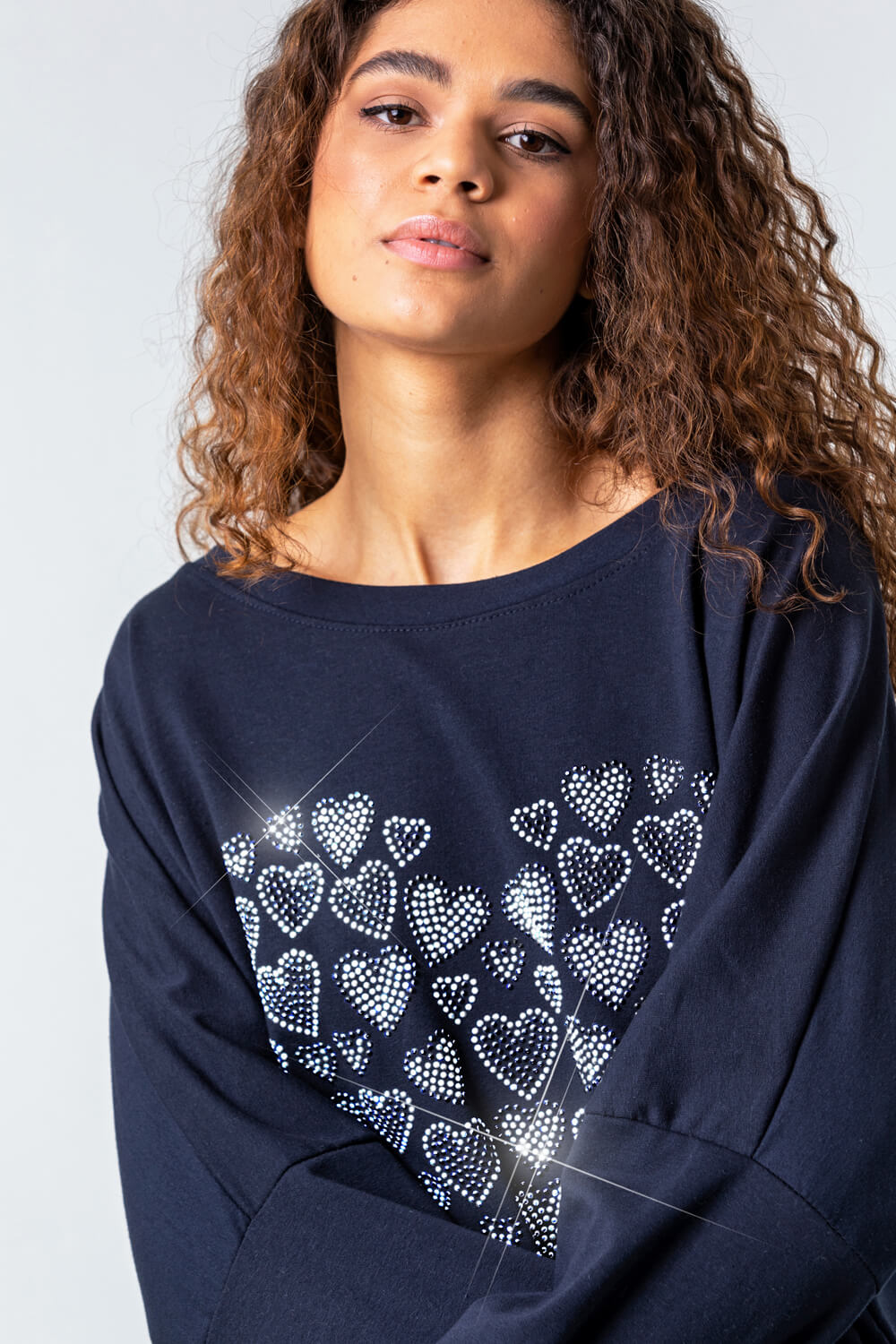Navy  One Size Diamante Heart Print Top, Image 4 of 4