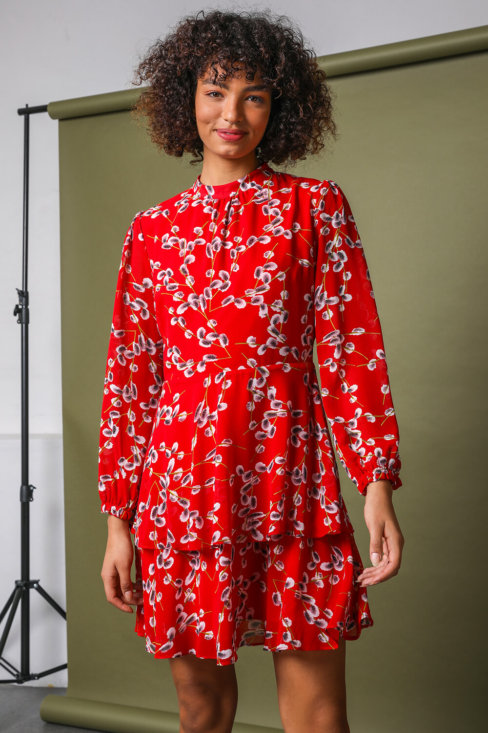 Red Floral Chiffon Tiered High Neck Dress, Image 3 of 5
