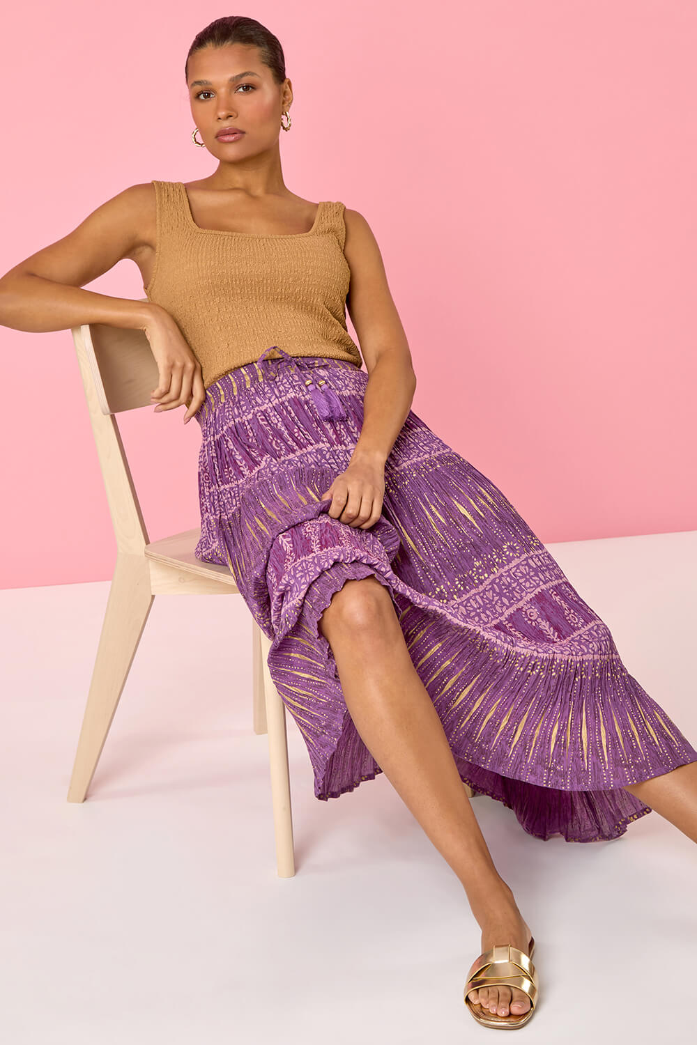 Purple Crinkle Cotton Metallic Foil A Line Midi Skirt, Image 6 of 7