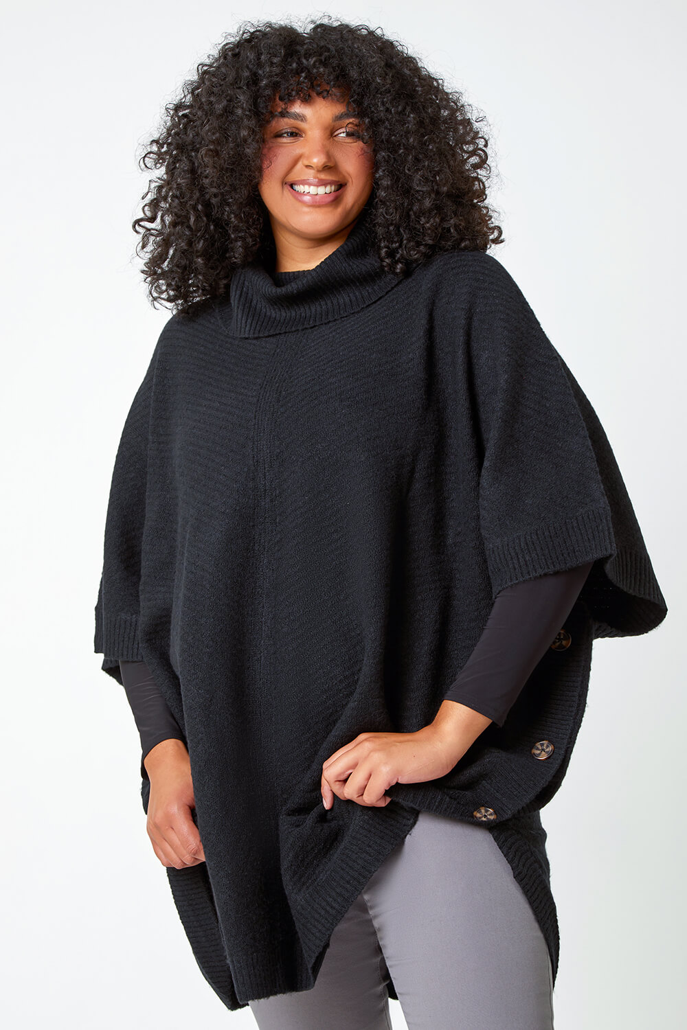 Black Curve Button Detail Stretch Poncho, Image 4 of 5